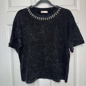 100% Cotton Stonewashed Black Oversized Ladies Tee with Jewel Neckline Size M
